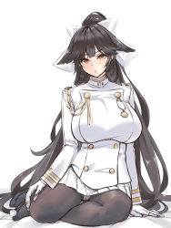 Rule 34 | 1girl, :o, animal ears, azur lane, black hair, black pantyhose, blush, breasts, chestnut mouth, commentary request, crotch seam, dog ears, full body, gloves, hair ribbon, hayama kazusa, head tilt, highres, indoors, large breasts, legs together, long hair, military, military uniform, miniskirt, panties, panties under pantyhose, pantyhose, pantyshot, ponytail, ribbon, simple background, sitting, skirt, solo, takao (azur lane), underwear, uniform, v-shaped eyebrows, very long hair, white background, white gloves, white ribbon, yellow eyes