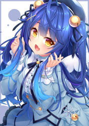 Rule 34 | 1girl, :d, absurdres, ahoge, amamiya kokoro, bell, beret, black hat, black ribbon, blue hair, blush, brown eyes, center frills, commentary request, fang, frills, grey jacket, grey skirt, hair bell, hair between eyes, hair intakes, hair ornament, hair ribbon, hands up, hat, highres, jacket, jingle bell, juliet sleeves, long hair, long sleeves, looking at viewer, nijisanji, open clothes, open jacket, open mouth, puffy sleeves, ribbon, shirt, skirt, smile, solo, two side up, very long hair, virtual youtuber, wakagi repa, white shirt
