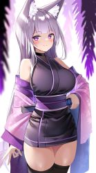 Rule 34 | 1girl, animal ears, black thighhighs, blunt bangs, blurry, blurry foreground, blush, breasts, closed mouth, cowboy shot, detached sleeves, fox ears, fox girl, fox tail, highres, japanese clothes, kimono, kurotobi rarumu, large breasts, leotard, long hair, looking at viewer, ninja, obi, original, purple eyes, purple hair, purple kimono, sash, see-through, see-through leotard, short kimono, sleeveless, sleeveless kimono, smile, solo, standing, sword, tail, thighhighs, thighs, very long hair, weapon, white background, wide sleeves