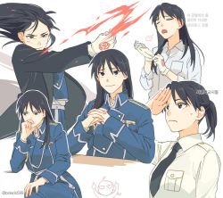 Rule 34 | 1boy, 1girl, puff of air, amestris military uniform, antenna hair, arms up, black coat, black eyes, black hair, braid, coat, crossed legs, dirty, dirty face, edward elric, elbows on table, expressionless, closed eyes, fire, floating hair, frown, fullmetal alchemist, genderswap, genderswap (mtf), gloves, grey shirt, hand on own chin, hands together, image sample, ing-eo (polaris599), interlocked fingers, light smile, long hair, long sleeves, looking away, looking up, middle finger, military, military uniform, necktie, no mouth, no nose, open mouth, ponytail, roy mustang, salute, shirt, simple background, sweatdrop, translation request, twitter sample, twitter username, uniform, upper body, white background, white shirt