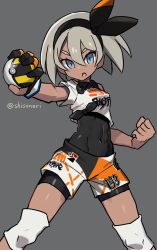Rule 34 | 1girl, abs, bea (pokemon), black bodysuit, black hairband, bodysuit, bodysuit under clothes, clenched hand, covered navel, creatures (company), dark-skinned female, dark skin, frown, game freak, gloves, grey background, grey eyes, grey hair, gym leader, hairband, highres, holding, holding poke ball, knee pads, logo, looking at viewer, nintendo, open mouth, orange gloves, poke ball, pokemon, pokemon swsh, print shirt, print shorts, shirt, shisoneri, short hair, short sleeves, shorts, simple background, single glove, solo, standing, twitter username, two-tone gloves, ultra ball, white shirt, white shorts, wristband