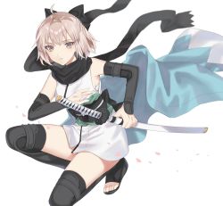 Rule 34 | 1girl, ahoge, bare shoulders, black bow, black scarf, black sleeves, black thighhighs, blonde hair, bow, brown eyes, commentary request, detached sleeves, fate/grand order, fate (series), hair between eyes, hair bow, half updo, haori, highres, holding, holding sword, holding weapon, japanese clothes, katana, kimono, kneeling, koha-ace, looking at viewer, obi, okita souji (fate), okita souji (koha-ace), on one knee, oshage (osyage921), parted lips, petals, sash, scarf, sheath, sheathed, shinsengumi, short hair, signature, simple background, sleeveless, sleeveless kimono, solo, sword, teeth, thighhighs, thighs, weapon, white background, white kimono