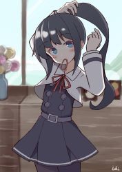 Rule 34 | 1girl, absurdres, arms up, asashio (kancolle), asashio kai ni (kancolle), black dress, black hair, black pantyhose, blue eyes, blurry, blurry background, blush, commentary request, depth of field, dress, flower, hair tie, hair tie in mouth, head tilt, high ponytail, highres, ichi (ichi.colors), jacket, kantai collection, long hair, long sleeves, mouth hold, neck ribbon, pantyhose, pinafore dress, pink flower, pleated dress, ponytail, red ribbon, ribbon, signature, sleeveless, sleeveless dress, solo, vase, very long hair, white flower, white jacket, yellow flower