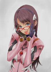 Rule 34 | 00s, 1girl, :p, adjusting eyewear, blue eyes, blush, bodysuit, breasts, breasts squeezed together, brown hair, evangelion: 2.0 you can (not) advance, glasses, gloves, grey background, grey hair, hairband, highres, large breasts, long hair, looking at viewer, low twintails, makinami mari illustrious, manbou (manvow), neon genesis evangelion, parted bangs, plugsuit, rebuild of evangelion, red-framed eyewear, scrunchie, simple background, solo, tongue, tongue out, turtleneck, twintails, upper body