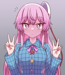 Rule 34 | 1girl, aqua shirt, blue shirt, bow, bowtie, buttons, collared shirt, expressionless, hata no kokoro, long sleeves, mask, mask on head, multicolored buttons, pink eyes, pink hair, plaid, plaid shirt, purple bow, purple bowtie, shirt, solo, touhou, v, wool (miwol)
