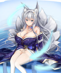 Rule 34 | 1girl, absurdres, animal ear fluff, animal ears, azur lane, bare shoulders, blue collar, blue eyes, blue kimono, blush, breasts, cleavage, collar, detached collar, feet out of frame, fox ears, fox girl, fox tail, grey hair, hair ornament, highres, huge breasts, japanese clothes, kimono, kitsune, kyuubi, large tail, long hair, looking at viewer, micchamu, multiple tails, off shoulder, shinano (azur lane), sitting, skindentation, smile, solo, tail, thighhighs, water, white tail, white thighhighs, wide sleeves