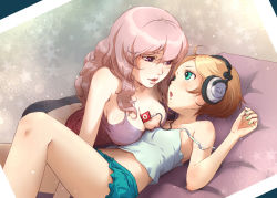Rule 34 | 2girls, ahoge, bare shoulders, between breasts, bow, breast rest, breasts, brown eyes, brown hair, cleavage, digital media player, eye contact, face, green eyes, headphones, ipod, lips, long hair, looking at another, lying, medium breasts, multiple girls, original, pink hair, short hair, short shorts, shorts, small breasts, strap slip, toshi punk, yuri