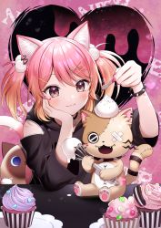Rule 34 | 1girl, :3, animal ear fluff, animal ears, arm up, black hoodie, bracelet, brown hair, cat ears, cat girl, cat tail, closed mouth, clothing cutout, commentary request, copyright request, cupcake, ear piercing, food, gradient hair, hair ornament, hairclip, hand up, heart, highres, holding, holding spoon, hood, hood down, hoodie, jewelry, long sleeves, momoshiki tsubaki, multicolored hair, nail polish, piercing, pink hair, red nails, shoulder cutout, smile, solo, spiked bracelet, spikes, spoon, stuffed animal, stuffed cat, stuffed toy, tail, twintails, virtual youtuber, whisk, x hair ornament