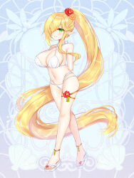 Rule 34 | 1girl, absurdly long hair, arms behind back, bare shoulders, bikini, blonde hair, breasts, cleavage, closed mouth, copyright request, criss-cross halter, flower, full body, green eyes, hair flower, hair ornament, hair over one eye, halterneck, highres, large breasts, long hair, looking at viewer, multi-strapped bikini bottom, navel, official art, orange flower, pointy ears, ponytail, red flower, sandals, shikito (yawa0w0), smile, solo, standing, swimsuit, very long hair, white bikini, white footwear