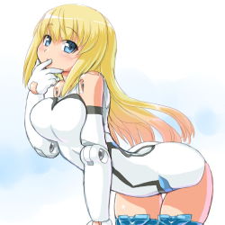 Rule 34 | 10s, 1girl, altrene, arnval, bad id, bad pixiv id, bare shoulders, blonde hair, blue eyes, breasts, busou shinki, dd (ijigendd), doll joints, elbow gloves, gloves, hand to own mouth, hip focus, joints, large breasts, leaning forward, long hair, solo, thigh gap, thighhighs, thighs