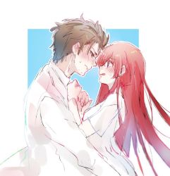 Rule 34 | 1boy, 1girl, accra k, black eyes, blush, brown hair, closed mouth, commentary request, couple, ear blush, embarrassed, hair between eyes, hetero, highres, hug, imminent kiss, kiss, lab coat, long hair, looking at another, makise kurisu, messy hair, okabe rintarou, open mouth, purple eyes, red hair, simple background, sketch, steins;gate, two-tone background