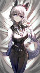 Rule 34 | 1girl, alternate costume, animal ears, bow, breasts, closed mouth, collared shirt, curren chan (umamusume), ear bow, ear covers, ear ribbon, eyebrows hidden by hair, grey hair, hair between eyes, highres, horse ears, horse girl, horse tail, large breasts, long sleeves, looking at viewer, pants, protectload, purple eyes, red bow, shirt, short hair, smile, solo, tail, umamusume