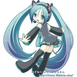 Rule 34 | 15citron, 1girl, blue hair, hatsune miku, long hair, lowres, microphone, solo, thighhighs, twintails, very long hair, vocaloid