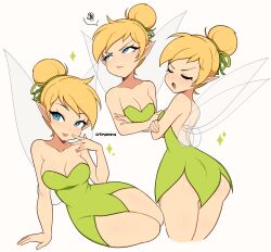 Rule 34 | 1girl, absurdres, arm support, arms under breasts, artist name, averting eyes, backless dress, backless outfit, bare arms, bare shoulders, blonde hair, blue eyes, breasts, cleavage, closed eyes, closed mouth, collarbone, cremanata, cropped legs, crossed arms, dress, fairy, fairy wings, green dress, hair bun, highres, light blush, medium breasts, multiple views, open mouth, peter pan (disney), pointy ears, pout, short hair, single hair bun, sparkle, spoken squiggle, squiggle, strapless, strapless dress, tinker bell (disney), v-shaped eyebrows, white background, wings