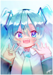 Rule 34 | 1girl, :d, absurdres, black sleeves, blue eyes, blue hair, blue necktie, blush, collared shirt, commentary, detached sleeves, eyebrows hidden by hair, fangs, feng feng (yopokaede), hair between eyes, hands up, hatsune miku, highres, long hair, long sleeves, looking at viewer, miku day, necktie, open mouth, shirt, signature, smile, solo, twintails, upper body, vocaloid, white shirt