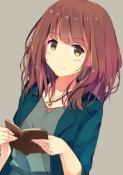 Rule 34 | 1girl, blush, book, brown hair, collarbone, green eyes, highres, holding, holding book, jewelry, looking at viewer, medium hair, mole, mole under eye, necklace, open book, original, smile, solo, sutorora, upper body