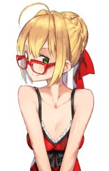Rule 34 | 10s, 1girl, ahoge, bare shoulders, bespectacled, blonde hair, braid, breasts, cleavage, collarbone, dress, fate/extra, fate (series), french braid, glasses, green eyes, hair between eyes, hair intakes, highres, kei (soundcross), large breasts, looking at viewer, nero claudius (fate), nero claudius (fate) (all), nero claudius (fate/extra), official alternate costume, red dress, simple background, smile, solo, upper body, v arms