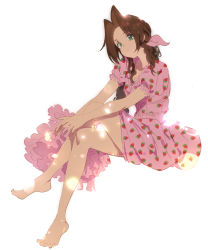 Rule 34 | 1girl, aerith gainsborough, backlighting, bad anatomy, bare legs, barefoot, bow, braid, braided ponytail, brown hair, dress, artistic error, final fantasy, final fantasy vii, food print, goku-chan, green eyes, hair bow, highres, light particles, parted lips, pink dress, reversed feet, reversed foot, sitting, solo, strawberry print, white background, wrong foot