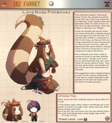 Rule 34 | 1boy, 1girl, artist name, bandage on knee, bandaged neck, bandages, black gloves, black hair, brown background, brown hair, candle, character name, character profile, claws, commentary, creatures (company), english commentary, english text, facial mark, fingerless gloves, fluffy, furret, game freak, gen 2 pokemon, gloves, green eyes, green shorts, hair intakes, headband, highres, kinkymation, long hair, midriff, navel, nintendo, paw pose, personification, poke ball, poke ball (basic), pokemon, pokemon ears, purple eyes, seiza, shorts, sitting, tail, toeless footwear