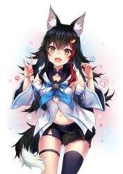 Rule 34 | 1girl, :3, :d, animal ears, bad id, bad pixiv id, bare shoulders, black hair, black shorts, black thighhighs, blue neckerchief, blush, claw pose, commission, cosplay, cowboy shot, detached sleeves, fang, flipped hair, fox shadow puppet, hair between eyes, hair ornament, hairclip, highres, hololive, hood, hoodie, long hair, looking at viewer, low-tied long hair, multicolored hair, n15e, navel, neckerchief, ookami mio, open mouth, pixiv commission, red hair, shirakami fubuki, shirakami fubuki (1st costume), shirakami fubuki (cosplay), short shorts, shorts, sidelocks, single thighhigh, skindentation, sleeveless, sleeveless hoodie, smile, solo, streaked hair, tail, tail around own leg, tail wrap, thigh strap, thighhighs, very long hair, virtual youtuber, white hair, white sleeves, wide sleeves, wolf ears, wolf girl, wolf tail, yellow eyes