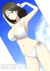 Rule 34 | 10s, 1girl, arms behind head, bikini, black hair, blue eyes, breasts, bukkuri, cleavage, closed mouth, cloud, cloudy sky, comiket 93, commentary request, cowboy shot, day, dutch angle, girls und panzer, large breasts, long hair, looking at viewer, navel, nonna (girls und panzer), one eye closed, outdoors, sample watermark, side-tie bikini bottom, sky, solo, standing, swept bangs, swimsuit, watermark, white bikini