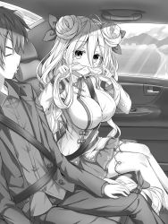 Rule 34 | &gt; &lt;, 1boy, 1girl, absurdres, black thighhighs, blonde hair, blue hair, blue ribbon, breasts, car interior, commentary request, date a live, day, double bun, greyscale, hair between eyes, hair bun, hair ornament, hair ribbon, highres, hoshimiya mukuro, itsuka shidou, large breasts, long hair, looking at viewer, monochrome, open mouth, playing with own hair, purple shirt, resolution mismatch, ribbon, seatbelt, shirt, skirt, source smaller, thighhighs, tsubasaki, twitter username, very long hair, white thighhighs, yellow eyes