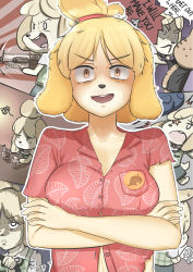 Rule 34 | 1girl, alcohol, angry, animal crossing, animal ears, bloodshot eyes, constricted pupils, crossed arms, cup, dog ears, dog girl, drinking glass, driving, english text, furry, furry female, glass, gun, hawaiian shirt, highres, holding, holding cup, holding weapon, ice, ice cube, isabelle (animal crossing), john (a2556349), looking at viewer, nintendo, print shirt, pump action, shirt, shotgun, topknot, unbuttoned, unbuttoned shirt, weapon, whiskey