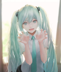 Rule 34 | 1girl, aqua eyes, aqua hair, aqua nails, aqua necktie, backlighting, black ribbon, black skirt, blouse, blurry, blurry background, claw pose, commentary, doorway, hair ribbon, hands up, hatsune miku, highres, long hair, looking at viewer, nail polish, necktie, ojay tkym, open mouth, ribbon, shirt, short sleeves, skirt, solo, twintails, upper body, very long hair, vocaloid, white shirt