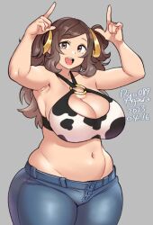 Rule 34 | 1girl, agawa ryou, animal print, bare shoulders, breasts, brown eyes, brown hair, cleavage, cow print, curvy, denim, dot nose, female focus, grey background, hip bones, horns pose, large breasts, looking at viewer, matching hair/eyes, midriff, open mouth, pants, plump, shiny skin, solo, thick thighs, thighs, twintails, wide hips
