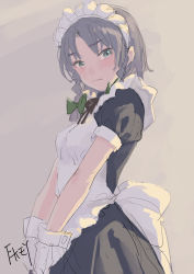 Rule 34 | 1girl, apron, aqua eyes, artist name, beige background, black ribbon, blue dress, blush, bow, braid, breasts, chinese commentary, commentary request, cowboy shot, dress, fkey, green bow, hair bow, izayoi sakuya, looking at viewer, maid, maid apron, maid headdress, medium breasts, neck ribbon, puffy short sleeves, puffy sleeves, ribbon, short sleeves, signature, silver hair, sketch, solo, touhou, twin braids, white apron, wrist cuffs