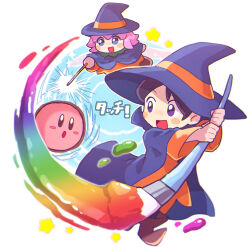 Rule 34 | 2girls, adeleine, alternate costume, black hair, blue eyes, blush stickers, boots, cape, chiimako, commentary request, dress, fairy, fairy wings, hat, holding, holding paintbrush, holding wand, kirby, kirby (series), kirby 64, kirby canvas curse, multiple girls, nintendo, orange dress, paint, paintbrush, ribbon (kirby), smile, star (symbol), wand, wings, witch hat