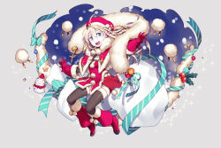 Rule 34 | 1girl, antenna hair, blonde hair, blue eyes, boots, bow, bowtie, braid, breasts, christmas, elf, gloves, hat, holly, kuze (ira), open mouth, original, outstretched arms, pointy ears, red gloves, red headwear, santa hat, small breasts, snowman, solo focus, star (symbol), star ornament, starry background, teeth, thighhighs, upper teeth only