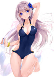 Rule 34 | 1girl, absurdres, bare arms, bare legs, bare shoulders, barefoot, blue eyes, blue one-piece swimsuit, bracelet, breasts, cleavage, commentary request, cowboy shot, facing viewer, female focus, highres, jewelry, knee up, long hair, looking at viewer, magia record: mahou shoujo madoka magica gaiden, mahou shoujo madoka magica, medium breasts, meen (ouaughikepdvrsf), o-ring, o-ring swimsuit, one-piece swimsuit, parted lips, silver hair, simple background, solo, swimsuit, white background, yakumo mitama, yakumo mitama (swimsuit costume)