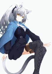 Rule 34 | 1girl, alternate costume, animal ear fluff, animal ears, arknights, black footwear, black shirt, blue cape, boots, brooch, cape, cat ears, cat girl, cat tail, feet out of frame, female focus, flower, grey hair, highres, invisible chair, jewelry, long hair, long sleeves, looking at viewer, ponytail, schwarz (arknights), shirt, simple background, sitting, solo, tail, thigh boots, thighhighs, undershirt, white background, white flower, white shirt, yellow eyes, yuki-san (wdtm yuki)