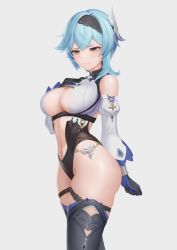 Rule 34 | 1girl, absurdres, asymmetrical hair, belt, black thighhighs, blue gloves, blue hair, breasts, cleavage, clenched hand, closed mouth, detached sleeves, dori (9720xyz), embarrassed, eula (genshin impact), from side, genshin impact, gloves, hair ornament, hairband, hand on own chest, highres, large breasts, leotard, light blue hair, medium hair, navel, simple background, solo, thigh strap, thighhighs, thighs, white background, yellow eyes