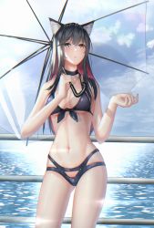 Rule 34 | 1girl, absurdres, animal ear fluff, animal ears, arknights, bare arms, bare shoulders, bikini, black bikini, black choker, black hair, blue sky, blush, breasts, brown eyes, chinese commentary, choker, cloud, commentary request, cowboy shot, day, eleaaa, female focus, front-tie bikini top, front-tie top, gluteal fold, hair between eyes, highres, holding, holding umbrella, long hair, looking up, medium breasts, multicolored hair, navel, outdoors, railing, red hair, sky, solo, standing, stomach, swimsuit, texas (arknights), thighs, transparent, transparent umbrella, umbrella, water, wolf ears