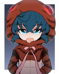 Rule 34 | 10s, 1girl, blue eyes, blue hair, brown jacket, commentary, fangs, frown, grey background, hands in pockets, hood, hood up, hoodie, jacket, kemono friends, looking at viewer, mityubi, neck ribbon, open mouth, outside border, pink ribbon, ribbon, short hair, solo, standing, striped clothes, striped hoodie, striped jacket, tsuchinoko (kemono friends), upper body