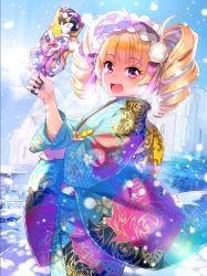 Rule 34 | 1girl, blonde hair, blush, bow, cowboy shot, drill hair, eyebrows, fang, hair bow, hair ornament, headdress, heavy breathing, holding, jairou, japanese clothes, kimono, long sleeves, looking at viewer, looking back, open mouth, original, snow, solo, standing, twin drills