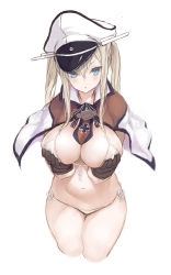 Rule 34 | 1girl, absurdres, adapted costume, anchor necklace, bikini, black gloves, blonde hair, blue eyes, blush, breast hold, breasts, capelet, cleavage, collarbone, cowboy shot, cross, duplicate, front-tie top, gloves, graf zeppelin (kancolle), hair between eyes, hat, highres, iron cross, jewelry, kantai collection, large breasts, looking at viewer, military hat, navel, necklace, open mouth, peaked cap, ryo (tg290), sidelocks, solo, string bikini, swimsuit, twintails, white background