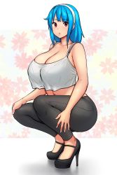 Rule 34 | 1girl, absurdres, bare shoulders, black footwear, black pants, blue hair, bra strap, breasts, cleavage, commentary, crop top, english commentary, erkaz, full body, hairband, hands on own leg, high heels, highres, huge breasts, looking at viewer, medium hair, navel, original, pants, parted lips, red eyes, rina atherina, solo, squatting, tank top, white hairband, white tank top
