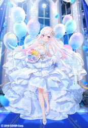 Rule 34 | 1girl, airani iofifteen, balloon, blue flower, blue hair, blurry, blurry background, blush, bouquet, bracelet, breasts, bridal veil, cleavage, crescent, crescent hair ornament, dress, elbow gloves, falling petals, flower, frilled dress, frills, full body, full moon, gloves, gradient hair, hair bun, hair ornament, highres, hololive, hololive indonesia, indoors, jewelry, large breasts, looking at viewer, moon, multicolored hair, night, night sky, official art, petals, pink flower, pink hair, purple eyes, shoes, sky, solo, veil, virtual youtuber, wedding dress, white dress, white footwear, white gloves, window, wings, yano mitsuki (nanairo), yellow flower