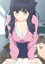 Rule 34 | 1girl, absurdres, black hair, black skirt, breasts, cardigan, ceiling, chair, classroom, cleavage, collarbone, collared shirt, commentary request, desk, drill hair, grey eyes, highres, holding, holding pencil, large breasts, long hair, long sleeves, looking at viewer, mole, mole on breast, mole under eye, notebook, original, pencil, pink cardigan, pleated skirt, pov, sakamata (sakamata4), school chair, school desk, school uniform, shirt, sidelocks, skirt, white shirt