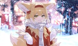 Rule 34 | 1girl, absurdres, alternate costume, animal ear fluff, animal ears, arknights, blonde hair, blunt bangs, commentary, double-parted bangs, fox ears, fox girl, fox tail, green eyes, hair between eyes, hairband, hands up, highres, kitsune, kyuubi, long sleeves, looking at viewer, multiple tails, nihnfinite8, outdoors, red hairband, scarf, smile, snowing, solo, suzuran (arknights), symbol-only commentary, tail, upper body, white scarf