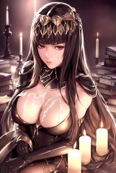 Rule 34 | 1girl, absurdres, black hair, book, book stack, breasts, candle, cleavage, cum, cum on body, cum on breasts, cum on upper body, fire emblem, fire emblem awakening, gloves, highres, large breasts, long glove, long hair, looking at viewer, nintendo, sitting, solo, tharja (fire emblem)