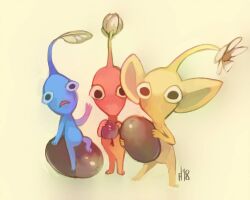 Rule 34 | arm up, bad deviantart id, bad id, bad source, black eyes, blue pikmin, blue skin, bud, colored skin, flower, food, fruit, grapes, holding, holding food, holding fruit, leaf, looking at viewer, nintendo, no mouth, oversized object, pikmin (creature), pikmin (series), pointy ears, red pikmin, red skin, signature, sitting, triangle mouth, waving, white flower, wrenhat, yellow background, yellow pikmin, yellow skin