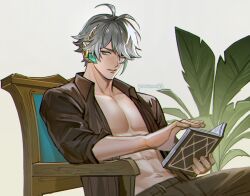 Rule 34 | 1boy, abs, ahoge, alhaitham (genshin impact), artist name, black pants, black shirt, book, chair, collared shirt, genshin impact, green eyes, grey hair, hair over one eye, holding, holding book, leaf, looking to the side, male focus, mistermagnolia, open clothes, pants, parted lips, pectorals, plant, shirt, short hair, sidelocks, simple background, sitting, solo, swept bangs, twitter username, upper body, white background