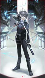 Rule 34 | 1boy, bad id, bad pixiv id, belt, blue shirt, border, building, coat, collared shirt, electricity, full body, gloves, glowing, grey eyes, grey hair, hair between eyes, highres, holding, holding sword, holding weapon, hou (ppo), lantern, long sleeves, looking at viewer, male focus, mouth hold, open clothes, open vest, original, sheath, shirt, short hair, solo, statue, sword, thigh strap, unsheathed, vest, weapon