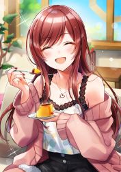 Rule 34 | 1girl, blush, breasts, cardigan, cleavage, closed eyes, collarbone, dessert, eating, food, highres, holding, holding plate, holding spoon, idolmaster, idolmaster shiny colors, indoors, jewelry, long hair, looking at viewer, medium breasts, necklace, off shoulder, open cardigan, open clothes, open mouth, osaki amana, pink cardigan, plate, pudding, red hair, shinishi chiho, sitting, smile, solo, spoon, swept bangs