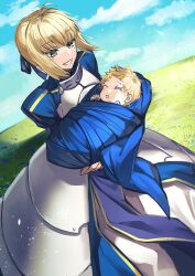 Rule 34 | 1boy, 1girl, absurdres, ahoge, armor, artoria pendragon (all), artoria pendragon (fate), baby, blonde hair, colored eyelashes, fate/stay night, fate (series), grass, green eyes, highres, holding baby, if they mated, kansya, mother and son, on grass, saber (fate), sleeping, smile