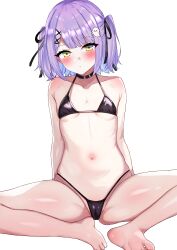 Rule 34 | 1girl, absurdres, ai-assisted, barefoot, bikini, black bikini, black collar, black ribbon, blue hair, blush, cameltoe, collar, colored inner hair, flat chest, ghost hair ornament, hair ornament, hair ribbon, highres, kausium0000, looking at viewer, micro bikini, multicolored hair, navel, purple hair, ribbon, shinomiya runa, short hair, simple background, sitting, soles, solo, spread legs, stomach, string bikini, swimsuit, two side up, virtual youtuber, vspo!, white background, x hair ornament, yellow eyes